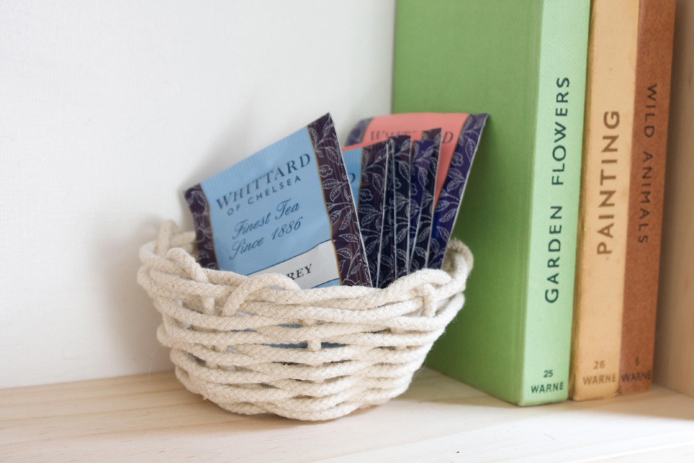 DIY Rope Basket Tutorial Individual packets of tea in a handmade rope basket