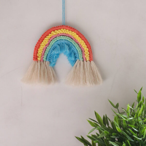 a macrame rainbow hung up on a wall with a plant in the foreground