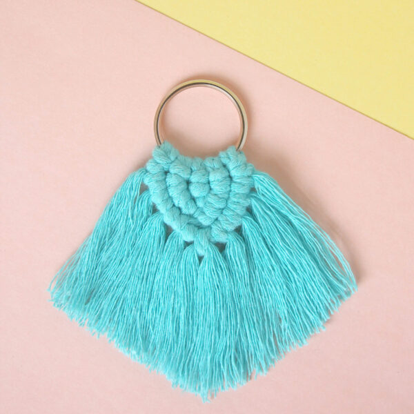 Macrame tassel earrings kit image showing the bonus mini kit macrame keyring