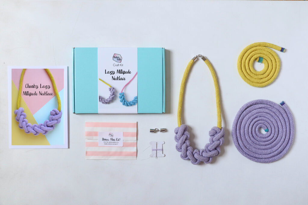 Make and Fable Lazy Millipede Rope Necklace Kit in lilac and yellow. 