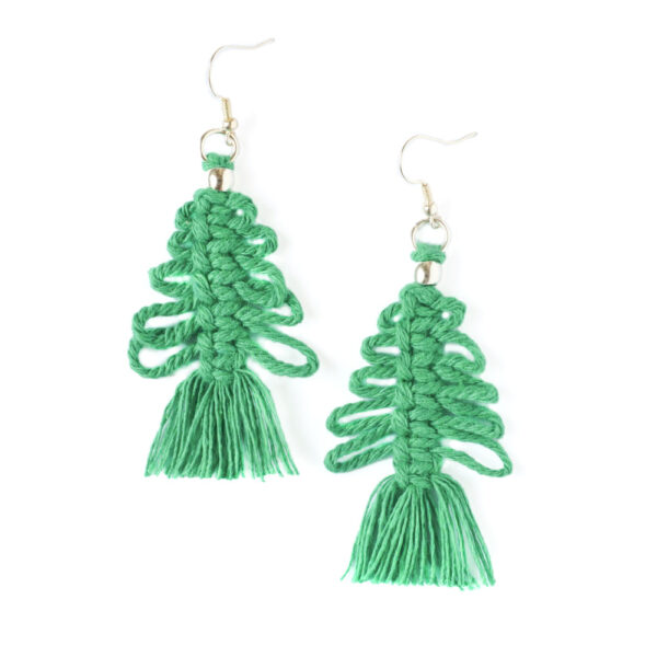 Macrame Christmas Tree Earrings kit. Green macrame Christmas Trees, with silver plated beads and earrings on a white background