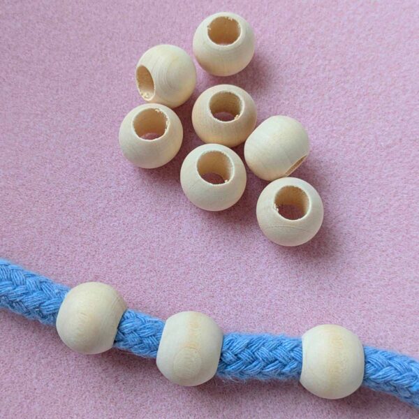 20mm round wooden beads with a large 10mm hole for threading onto macrame cord