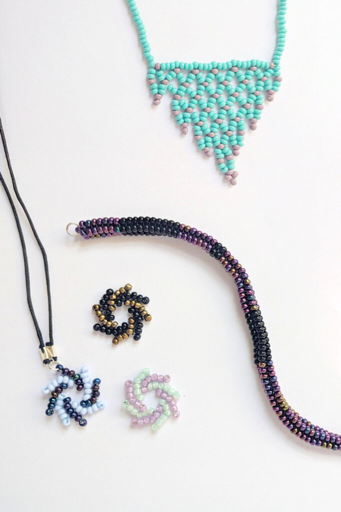 Beadweaving Jewellery Course - a herringbone bracelet, spiral earrings and netted necklace