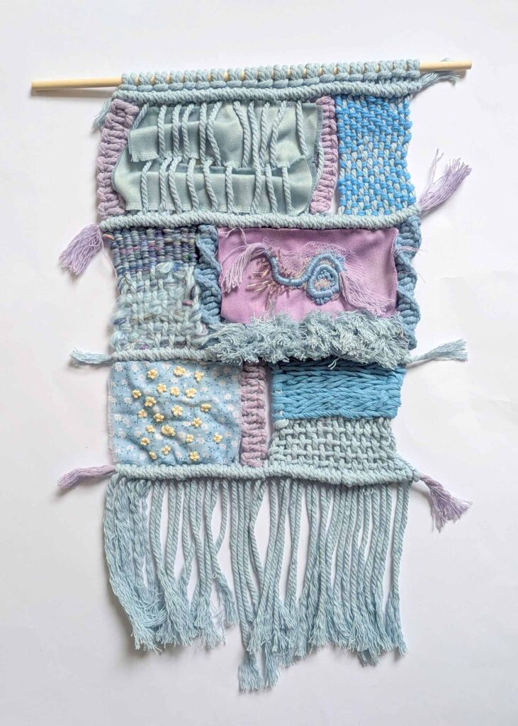 Mixed Media Textiles Course - a wall hanging made with macrame, weaving and embroidery