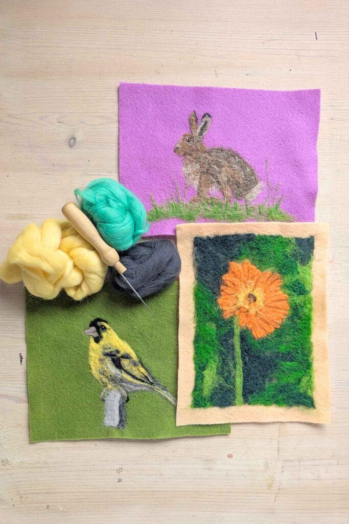 2D Needle Felting - needle felted pictures of a rabbit, flowers and bird