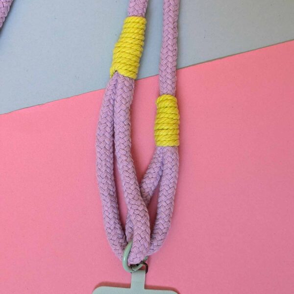Macrame lanyard kit in bright. A rope lanyard in lilac, rose pink and neon green with a turquoise fixings and phone tether tab