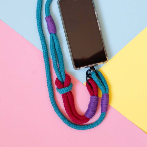 Macrame lanyard kit in muteed. A rope lanyard in teal blue, crimson and purple with black fixings and phone tether tab