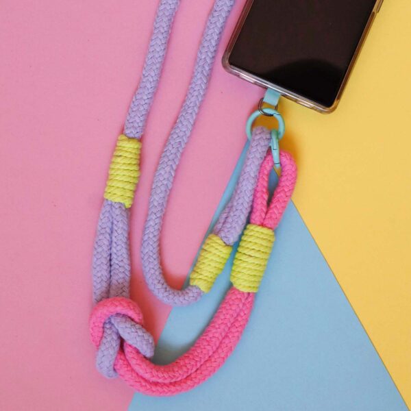 Macrame lanyard kit in bright. A rope lanyard in lilac, rose pink and neon green with a turquoise fixings and phone tether tab
