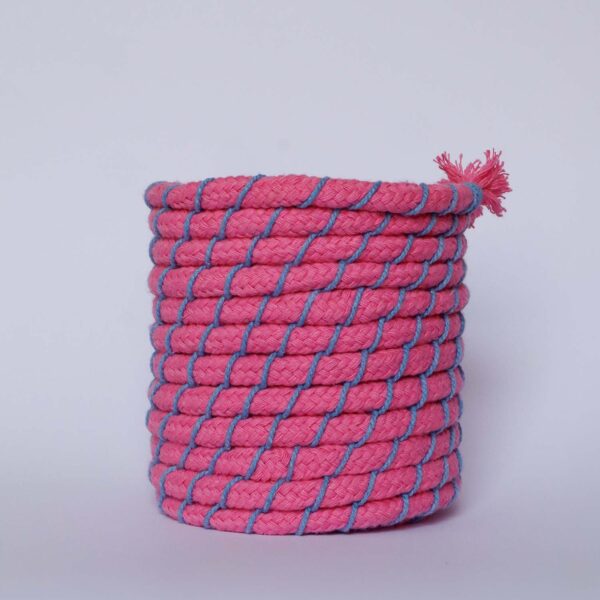 A finished coiled rope basket kit in pink & blue