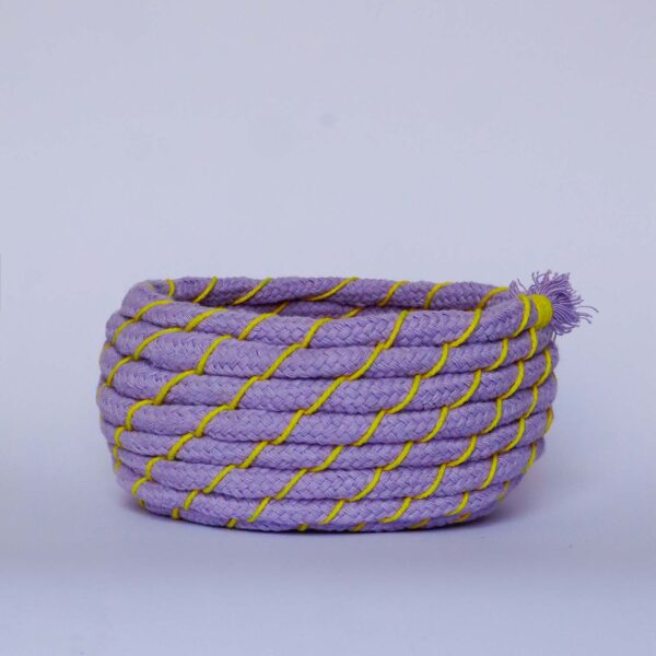 A finished coiled rope basket kit in lilac & yellow