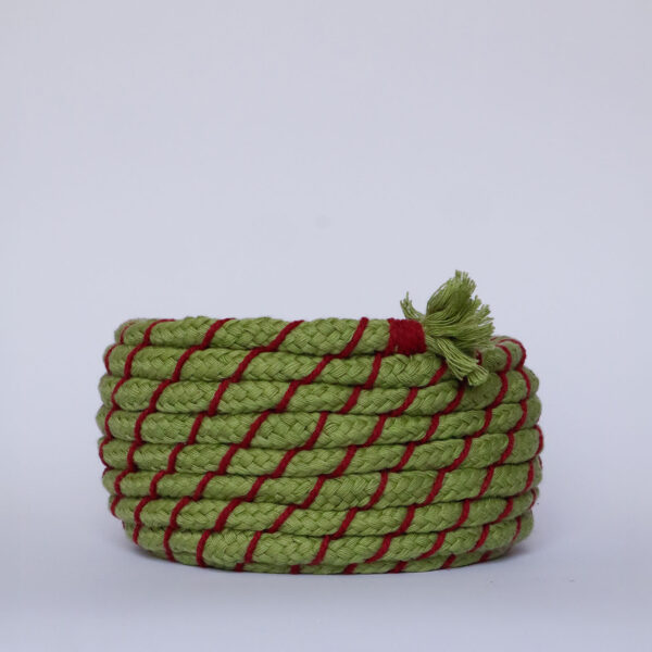 A finished coiled rope basket kit in sage & burgundy